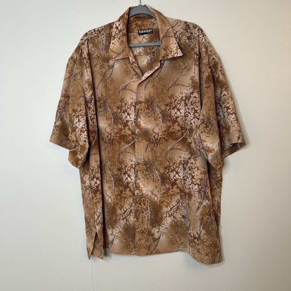 Mench Platinum Mens Short Sleeve Button Up Shirt Sz XXL Tan Brown Abstract